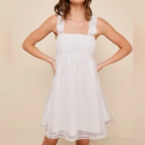 Lulus White Swiss Dot Rosette Sleeveless Mini Dress Wedding Engagement Party NWT - Picture 2 of 6